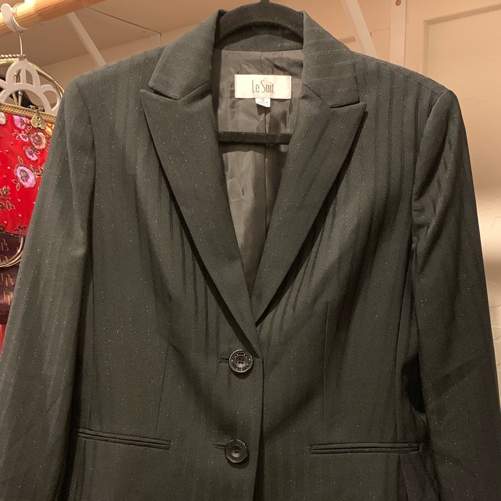 2 PC Black Business Glitter Pin Stripe Pant Suit